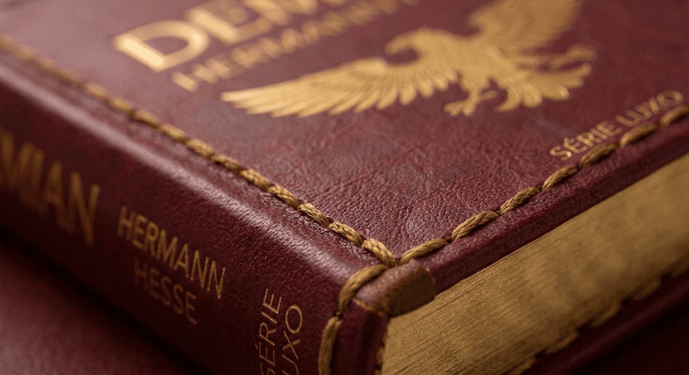 Detalhe da encadernação do livro Demian, Série Luxo